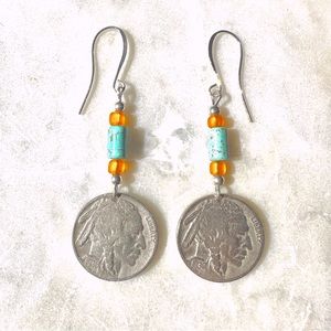 Buffalo Nickel earrings w/turquoise and orange glass beads, silver plate wire.